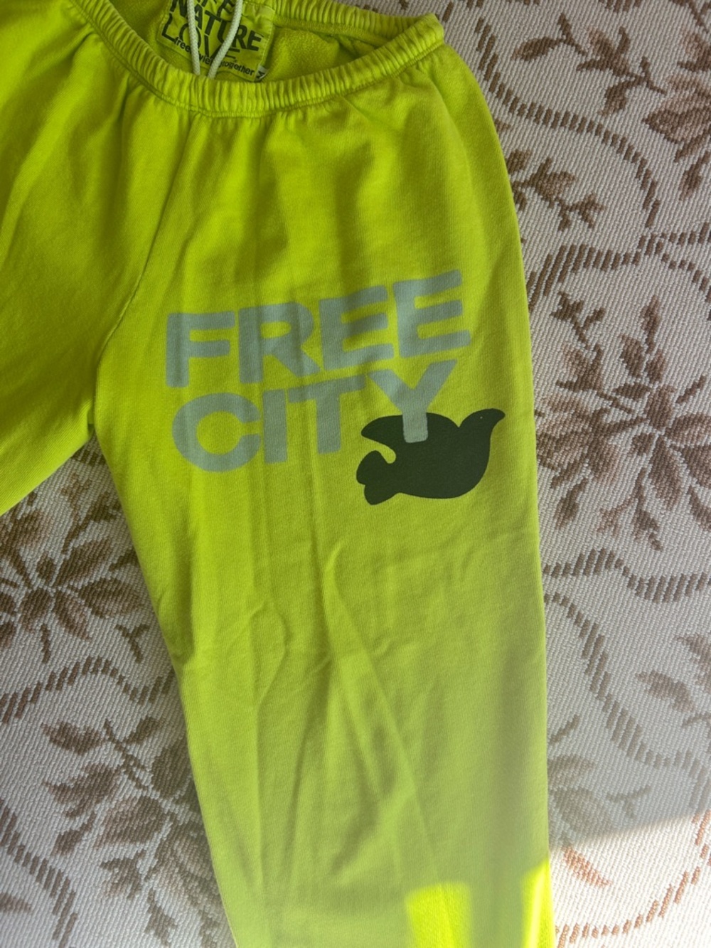 freecity Neon Yellow Graphic Joggers with Dove Logo